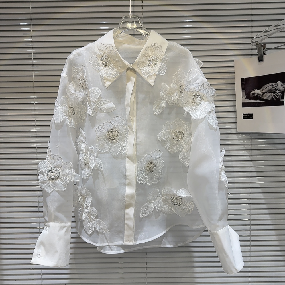 Crop Blouse Linen - Spring Sequins 3D Flowers Mesh Spliced